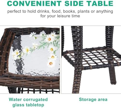VINGLI Outdoor Side Table with Storage Wicker Patio Side Table, Tempered Glass - Image 4