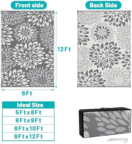 HEBE Waterproof Outdoor Rug 9'x12', Floral Reversible Plastic Patio Rug - Image 2