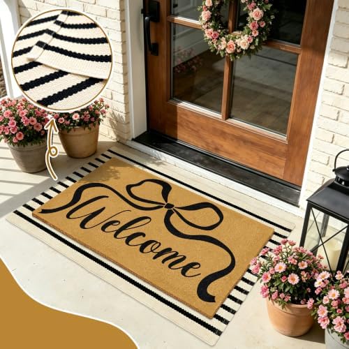 2 Pcs Coir Bow Welcome Mat Outdoor Stripe Layering Rug - Image 3