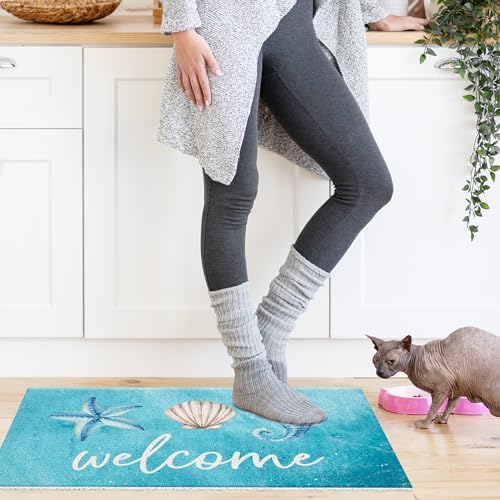 Jvpke Blue Beach Welcome Mat for Front Door, Beach Door Mat, Starfish Seashell - Image 5