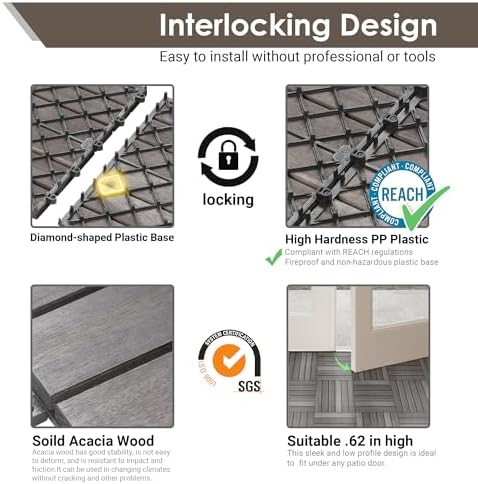 PrimeZone 81 PCS Solid Acacia Wood Interlocking Patio Deck Tiles Outdoor - Image 4