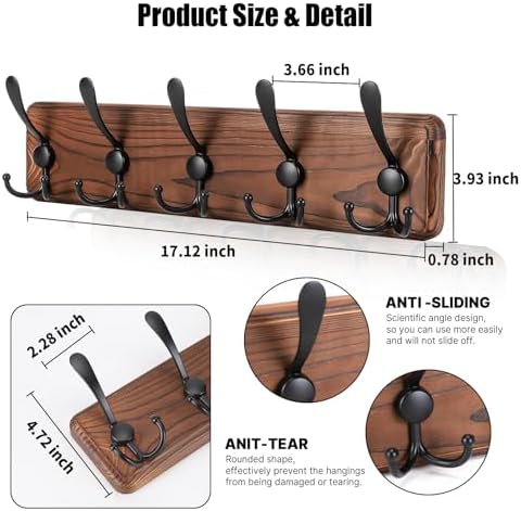 Gohiuo Rustic Wall Mount Coat Rack, Coat Hooks Wall Mount Wood Coat Rack - Image 2