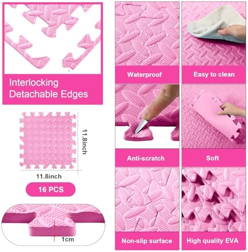 Shihanee 16 Foam Floor Interlocking Tiles, 11.8 x 11.8 Inch, Light Pink - Image 2