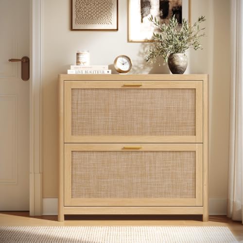 VASAGLE Boho Shoe Storage Cabinet, Rattan-Look Flip Drawers by VASAGLEbySONGMICSHOME