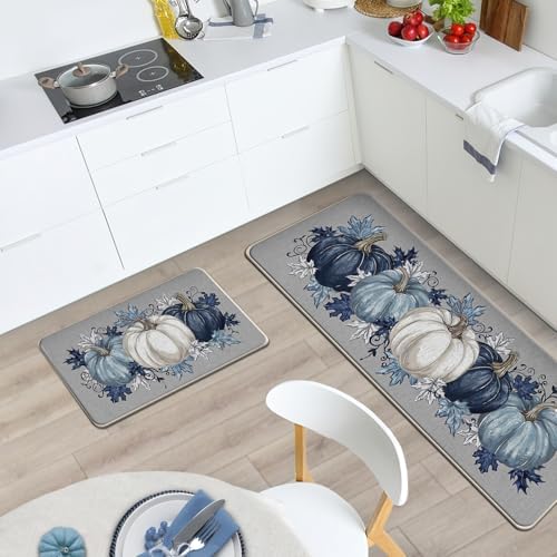 Fall Blue White Pumpkin Kitchen Rugs Set of 2 - Image 2