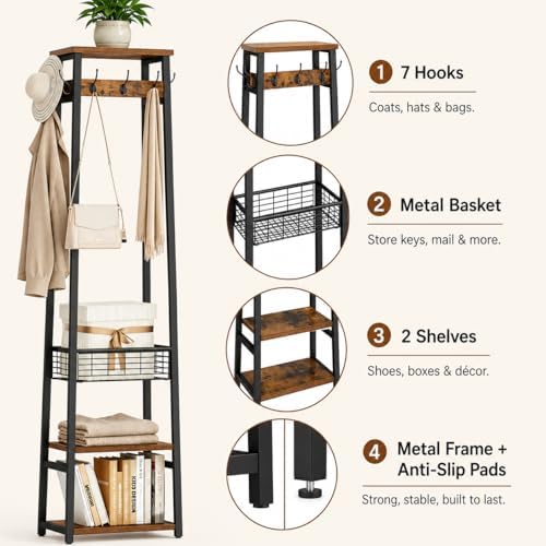 Coat Rack with Metal Basket and Storage Shelves - Image 2