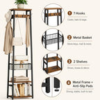 Coat Rack with Metal Basket and Storage Shelves - Image 2