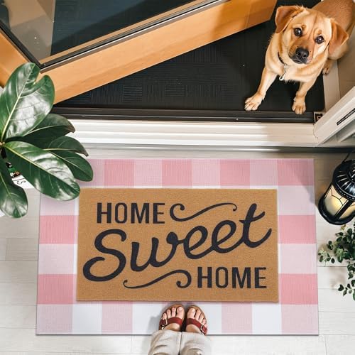OLANLY Buffalo Plaid Rug 2'4" x 3'7" – Pink and White Cotton Checkered Doormat - Image 2
