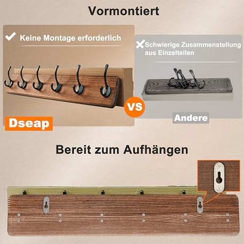 Dseap Coat Rack Wall: 24" Long, Heavy-Duty, 6-Double-Hooks Wooden Wall Mounted - Image 3