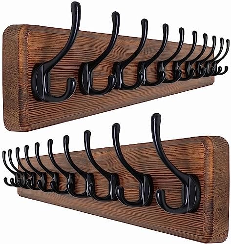 SKOLOO Rustic Wall Mounted Coat Rack, 10 Hooks, Solid Wood by SKOLOO