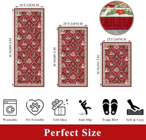 3-Piece Plaid Christmas Decorations Kitchen Rugs Set: Washable Non-Slip Kitchen - Image 2