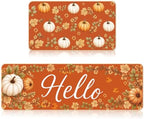 Hello Fall Kitchen Mats, Autumn Pumpkin Kitchen Rugs Set of 2 by VISSTREE