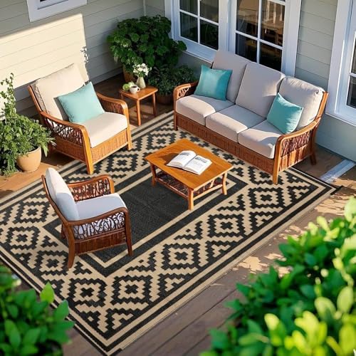 Kalafun Outdoor Patio Plastic Straw Rug, 6x9 ft, Stripe Black Brown - Image 7