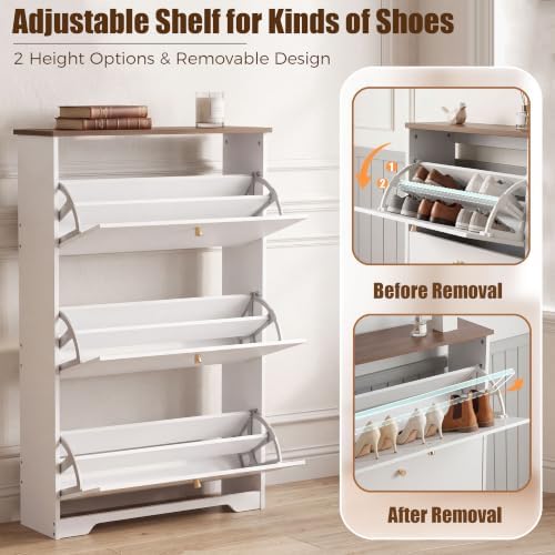 Nicetree 3 Flip‑Drawer Shoe Cabinet, Walnut Top, 9.5" Deep, Light White - Image 6