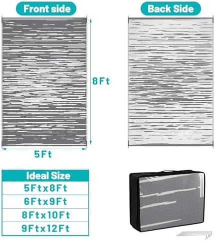 HEBE Outdoor Rug Waterproof 5'x8', Striped Reversible Plastic Patio Rug - Image 2