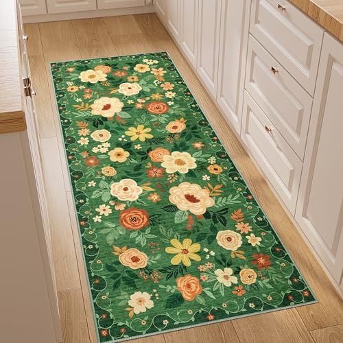 DUKINO 2x5 Runner Rug, Floral Washable Rug by DUKINO