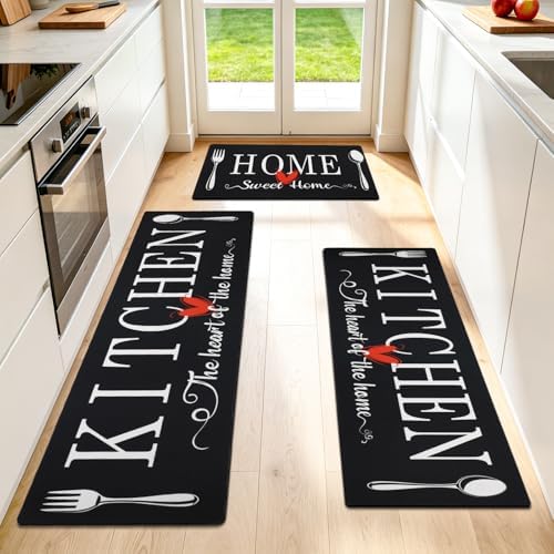 Kitchen Rugs Set 3 Piece, Non Slip Black Kitchen Mats by Elevateyourspacewithstorageoptions