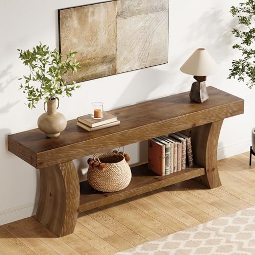 63" Solid Wood Console Table, 2-Tier Farmhouse Sofa Table - Image 4