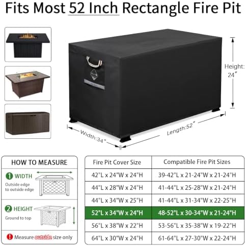 QH.HOME Fire Pit Cover Rectangular 52", 600D Heavy Duty 100% Waterproof - Image 2