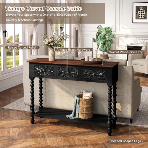 Console Table with 3 Vintage Carved Drawers - Image 3