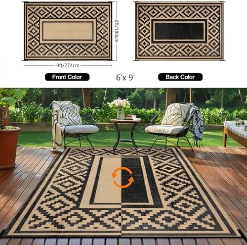 Kalafun Outdoor Patio Plastic Straw Rug, 6x9 ft, Stripe Black Brown - Image 4