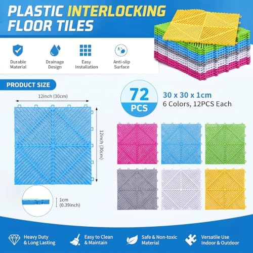 Barydat 72 Pcs 12x12 Garage Floor Tiles Interlocking Drainage - Image 2