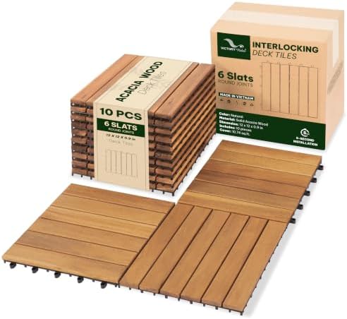 Acacia Interlocking Deck Tiles, 6 Slats, Honey Oak by VICTORYRELAX
