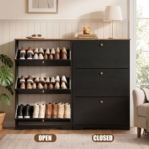 Nicetree 3 Flip‑Drawer Shoe Cabinet, Walnut Top, 9.5" Deep, Light Black - Image 5