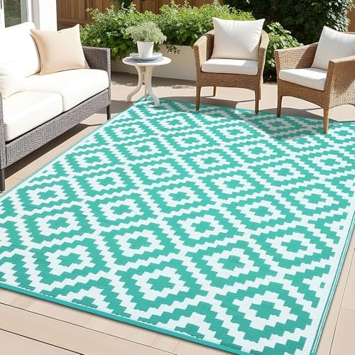 OLANLY Outdoor Rug 6x9 ft Waterproof Reversible Mat, Turquoise & White by OLANLY