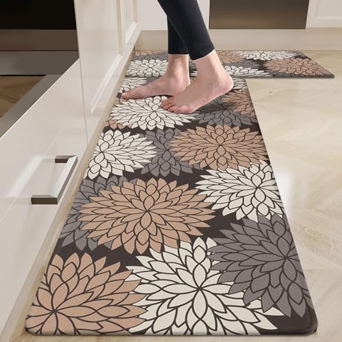 HEBE Kitchen Mats for Floor, Floral Anti Fatigue Kitchen Rugs Set of 2 by HEBE