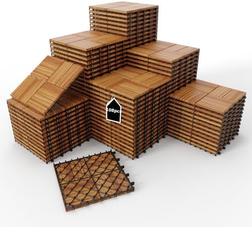 Solid Acacia Wood Interlocking Deck Tiles Snap Together Floor by KIPONURA