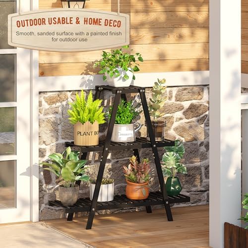 GHWIE Plant Stand Indoor Plant Shelf Outdoor bamboo Plant Rack, 3 Tiers Ladder - Image 3