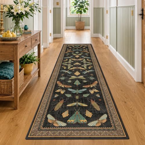 Vintage Insect 2x8 Black Entryway Runner Rug, Washable Non Slip Runners by HazoHaus