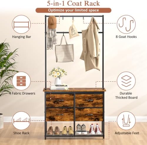 ThreeHio Hall Tree with Shoe Storage Bench, 31.5" Coat Rack - Image 7