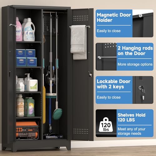 72.8" H Metal Broom Closet Storage Cabinet, Garage Storage Cabinet - Image 4