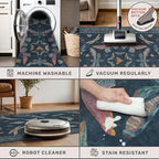 2x7 Navy Blue Runner Rug, Washable Vintage Insect Carpet - Image 5