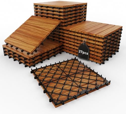 Solid Acacia Wood Interlocking Deck Tiles, 12 x 12 Inch Waterproof Snap by KIPONURA