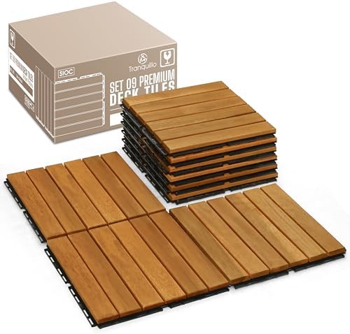 Acacia Wood Interlocking Deck Tiles, Waterproof Patio Tiles by Tranquillo