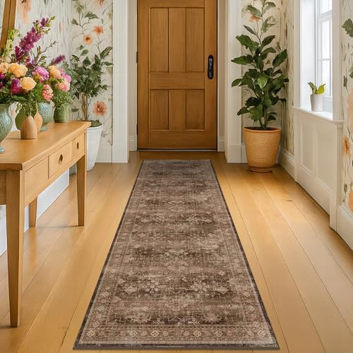 Brown Boho Washable 2x6 Runner Rugs by HazoHaus