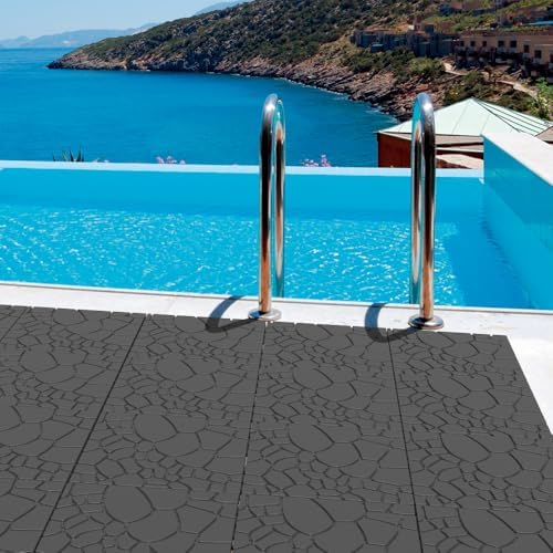 Patio Deck Tiles, 12 Inch Stone Texture, 44-Piece Dark Gray Interlocking - Image 6