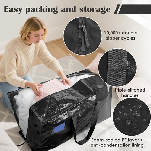 12 Pack Moving Bags with Full-Open Side Zipper, Extra Large 93L Heavy Duty - Image 3