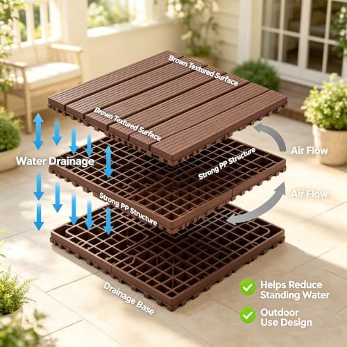44 Pack Brown 12x12 PP Plastic Interlocking Deck Tiles, Waterproof Indoor - Image 6