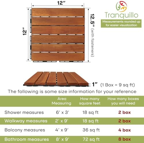 Tranquillo Interlocking Deck Tiles 12”x12”, Acacia Wood Patio Tiles, Waterproof - Image 4