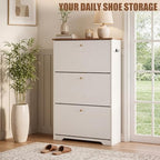 Nicetree 3 Flip‑Drawer Shoe Cabinet, Walnut Top, 9.5" Deep, Light White - Image 3