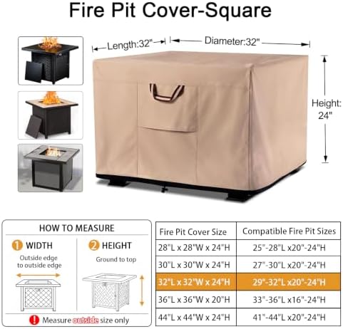 QH.HOME Fire Pit Cover Square 32", 900D Heavy Duty Fabric 100% Waterproof - Image 2