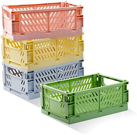 4 Pack Pastel Crates for Storage, Plastic Folding Basket, Colorful Small by Xhwykzz