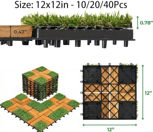 Interlocking Acacia Wood and Artificial Grass Deck Tiles 12"x12", 0.94" Thick - Image 2