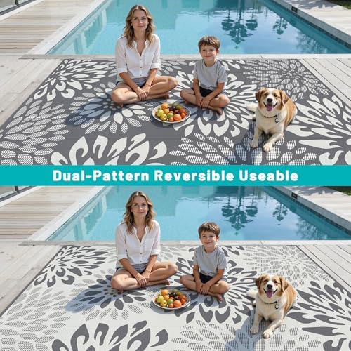 HEBE Waterproof Outdoor Rug 9'x12', Floral Reversible Plastic Patio Rug - Image 6