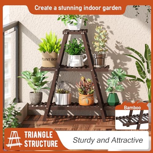 GHWIE Plant Stand Indoor Plant Shelf Outdoor bamboo Plant Rack, 3 Tiers Ladder - Image 2