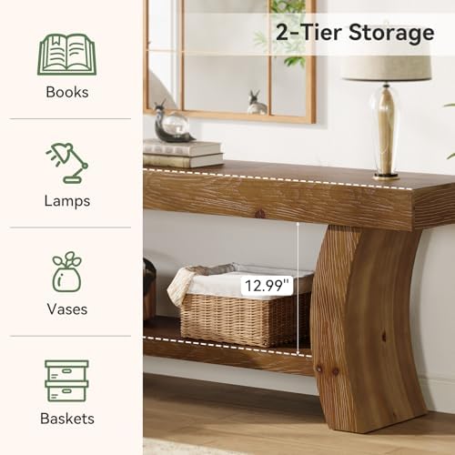 63" Solid Wood Console Table, 2-Tier Farmhouse Sofa Table - Image 5
